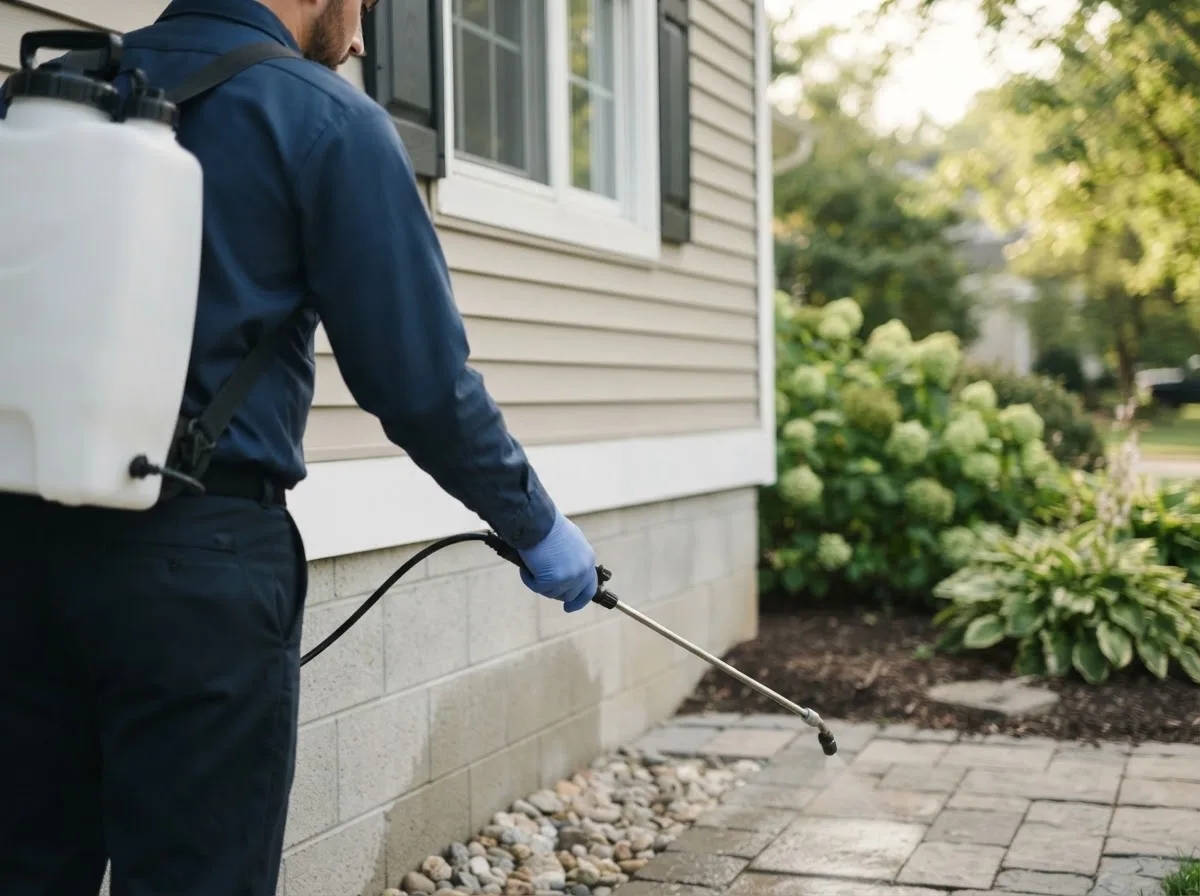 Pest control technician inspecting a home in Old Fort, OH